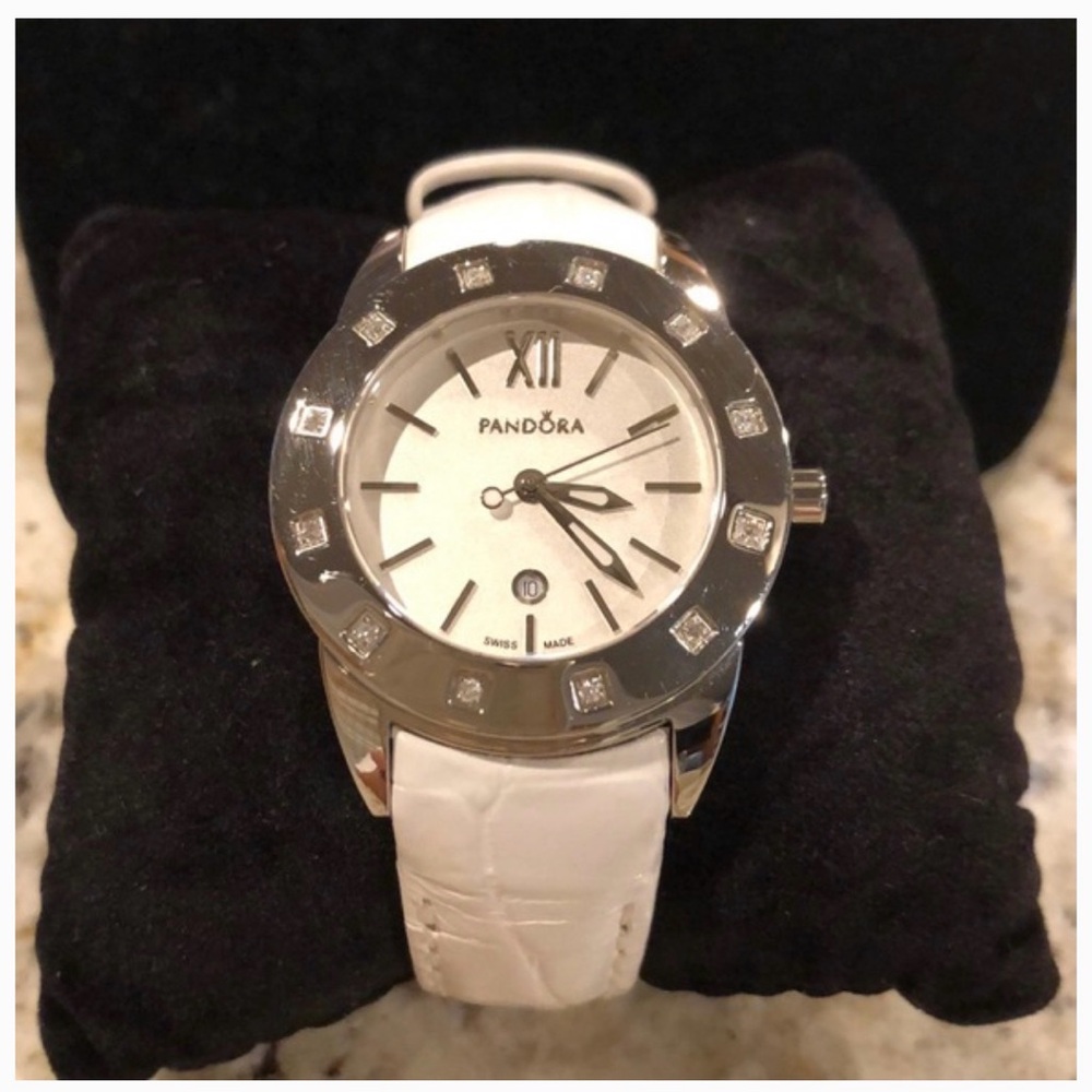 Pandora White Leather Silver-Tone Crystal Watch